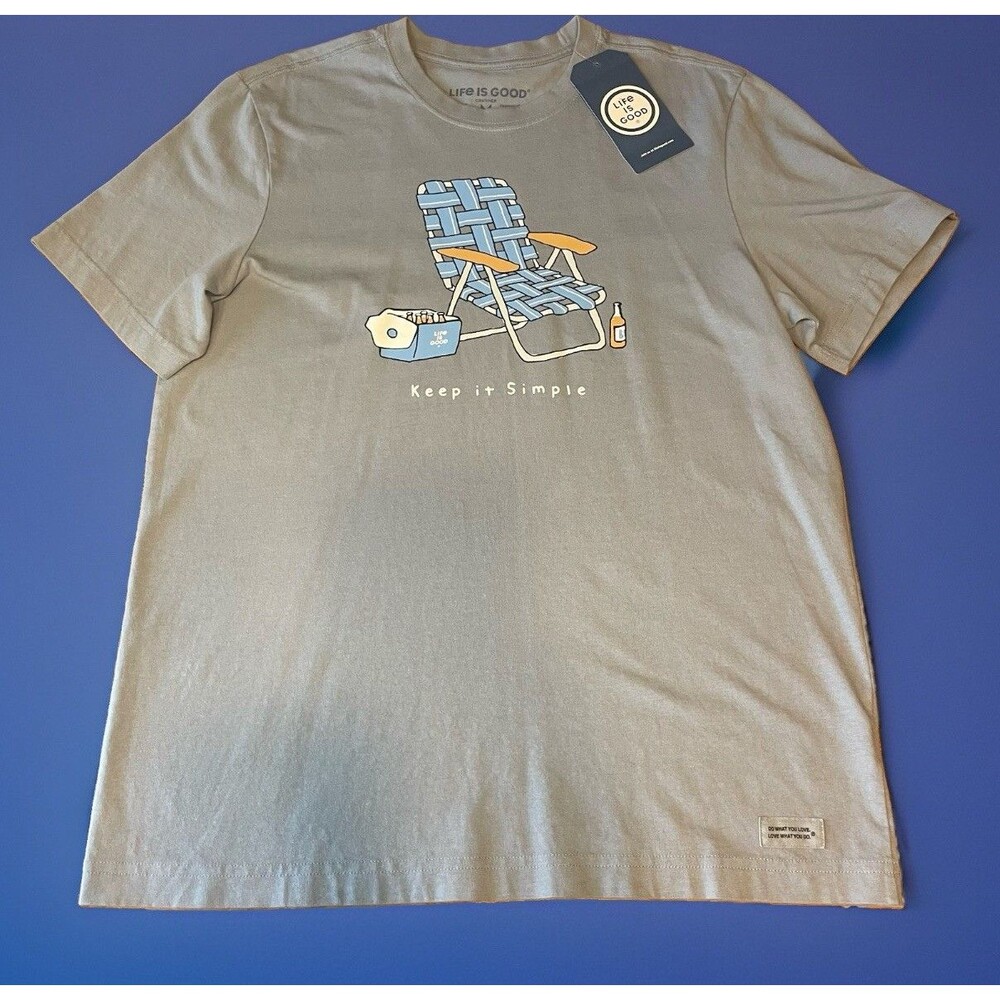 Life is Good Men's Medium T-Shirt Keep It Simple Beach Chair Gray 100% Cotton